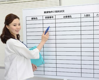 オリジナルホワイトボードで工程管理をしている社員