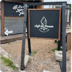木製フレームとブラックボードにアイスクリームのロゴを描いたショップ前スタンド看板
