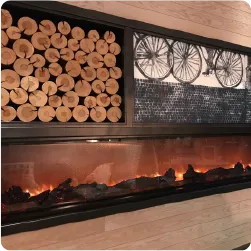 薪ディスプレイと炎を組み合わせた壁面演出